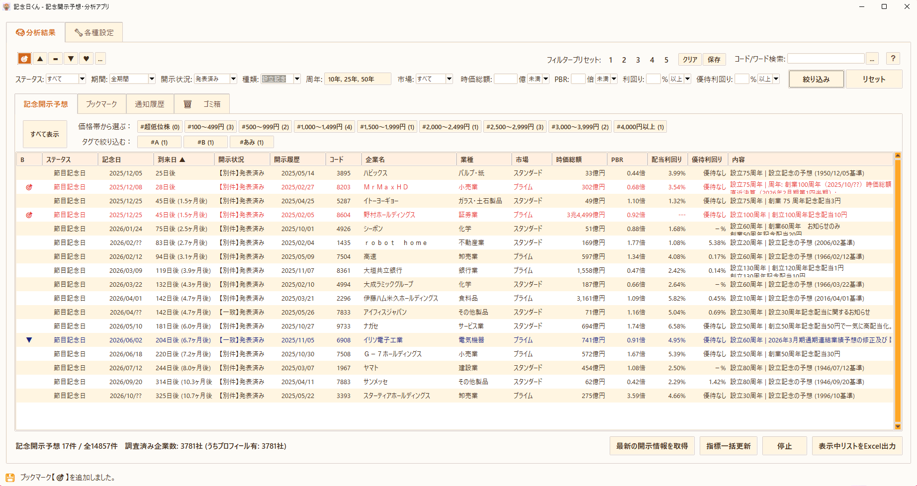 記念日くん メイン画面